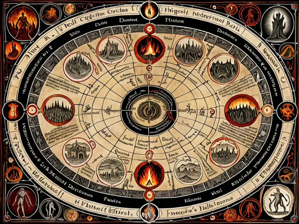 Detallado mapa de las nueve circunferencias del Infierno de Dante, con ilustraciones intrincadas de tormentos específicos