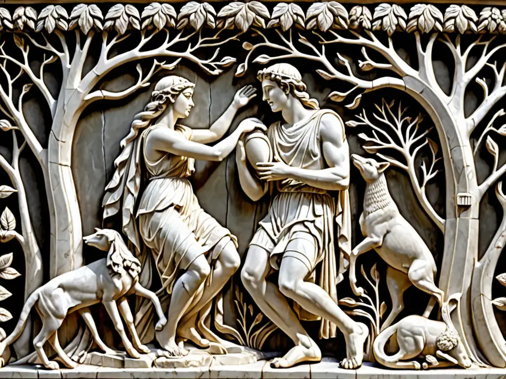 Detallado relieve de mármol con Orfeo tocando la lira rodeado de animales y árboles, en una escena de amor y música en la antigua Grecia