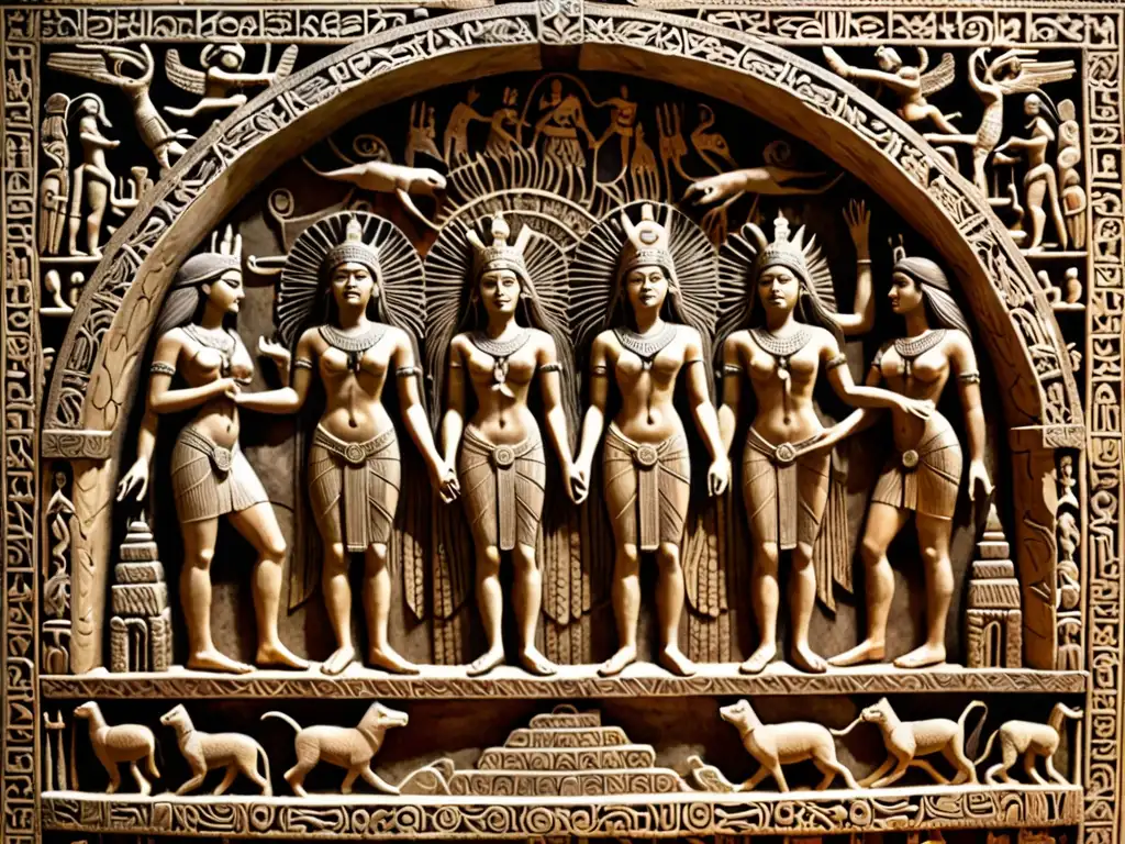 Detallado relieve de piedra del descenso de Inanna al inframundo, con puertas, guardianes y la diosa rodeada de misticismo