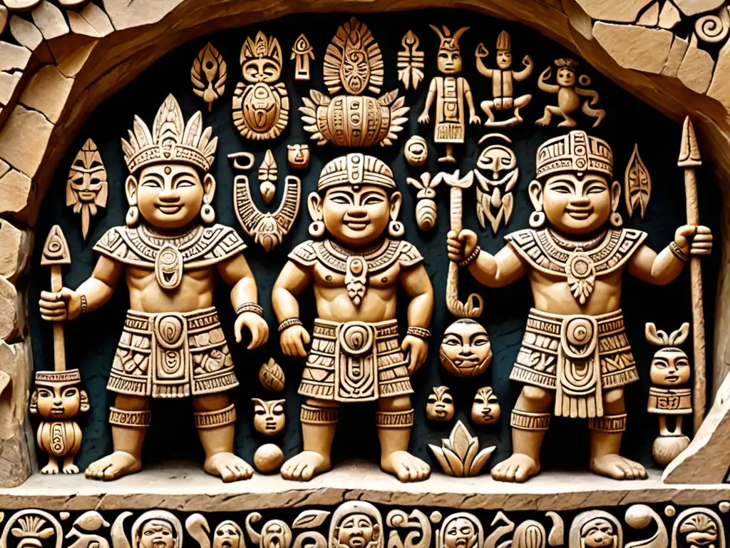 Detallado relieve en piedra de los Hermanos Ayar emergiendo de la cueva sagrada, con atuendos incas y símbolos de poder