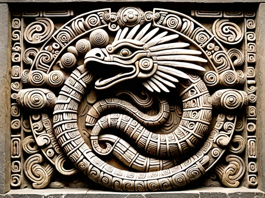 Detallado relieve de Quetzalcóatl, deidad de la mitología mesoamericana, con serpiente emplumada