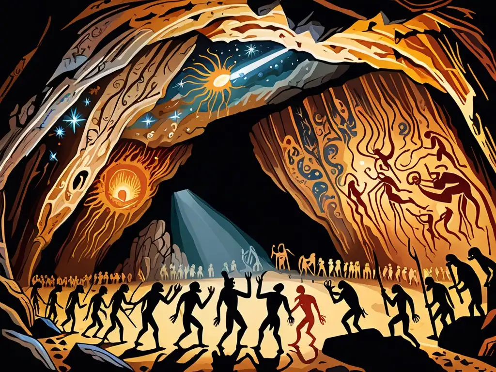 Un detallado retrato de antiguas pinturas rupestres que representan escenas apocalípticas, con colores vibrantes y detalles intrincados