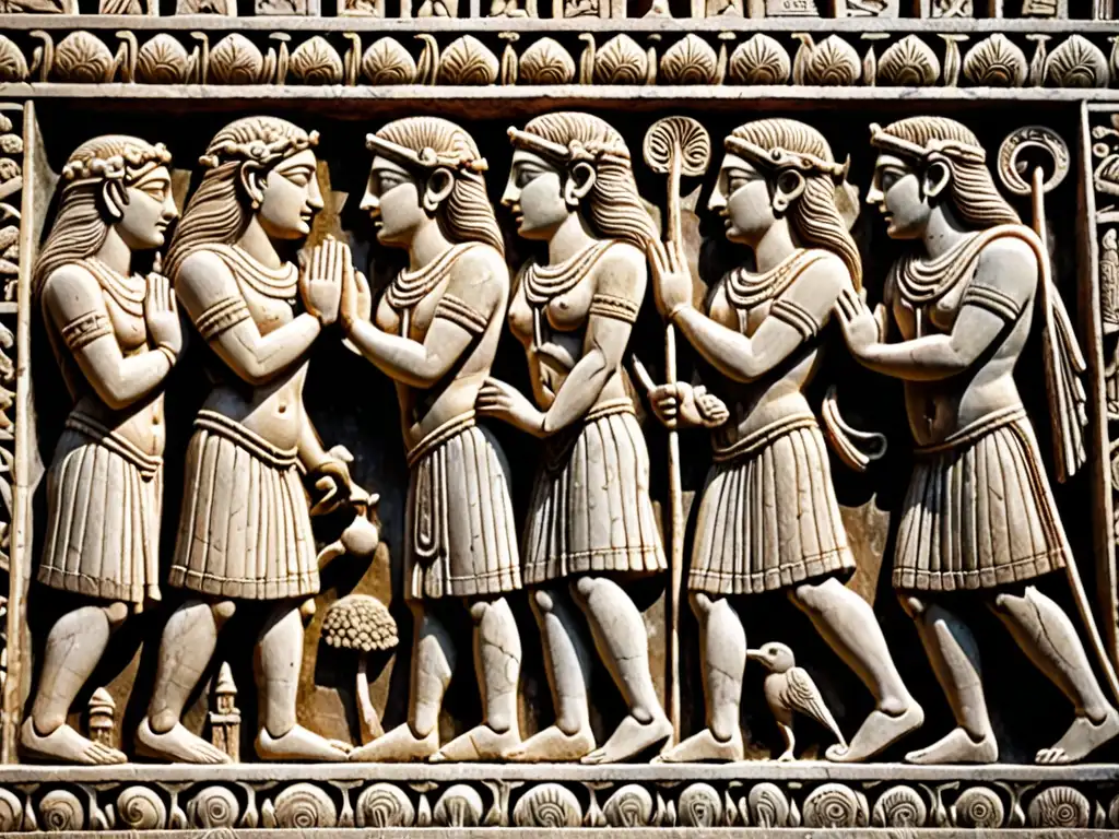 Detallado tallado en piedra, escena de mitología antigua con sombras y misterio, evocando aventura gráfica y puzles de la historia