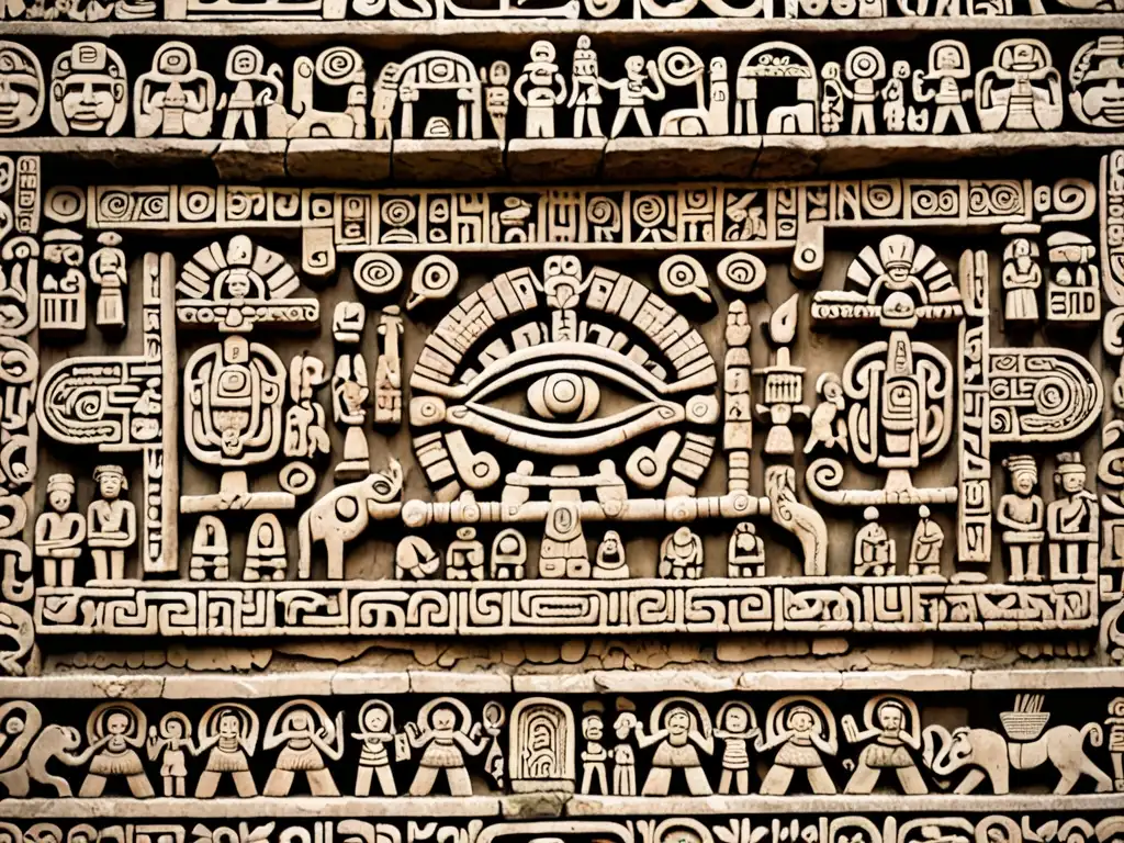 Detallado tallado de piedra maya sobre creencias de la evolución y el fin del mundo, revelando profecías apocalípticas