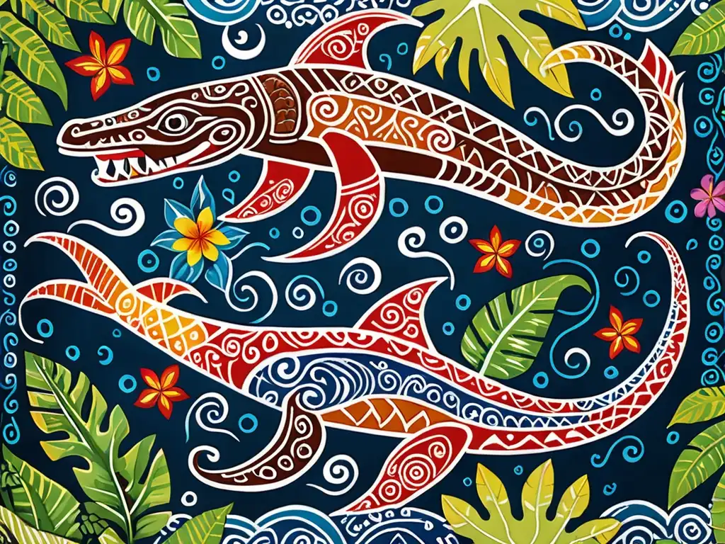 Detallado tapa polinesia con monstruos marinos y leyendas Oceanía, en exuberante entorno tropical
