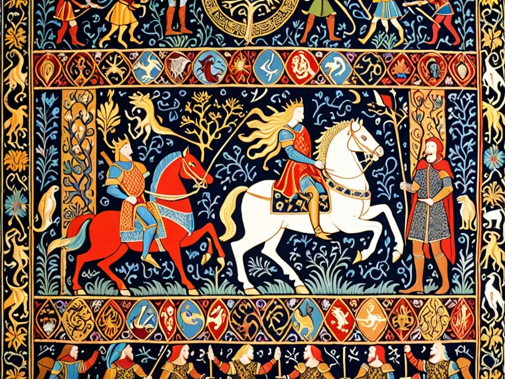Detallado tapiz medieval con criaturas míticas y batallas épicas, exhibiendo raíces mitológicas Game of Thrones en patrones e colores vibrantes