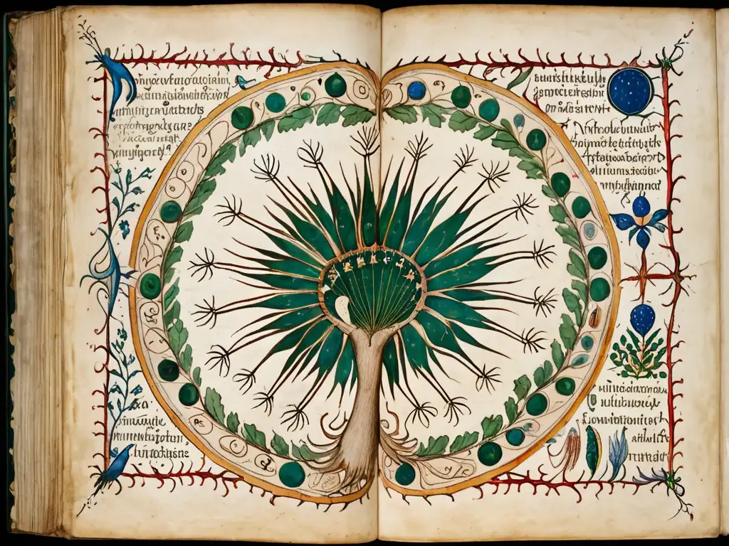 Detalle en alta resolución del enigmático y elaborado libro de hechizos Voynich, con ilustraciones intrincadas y símbolos misteriosos