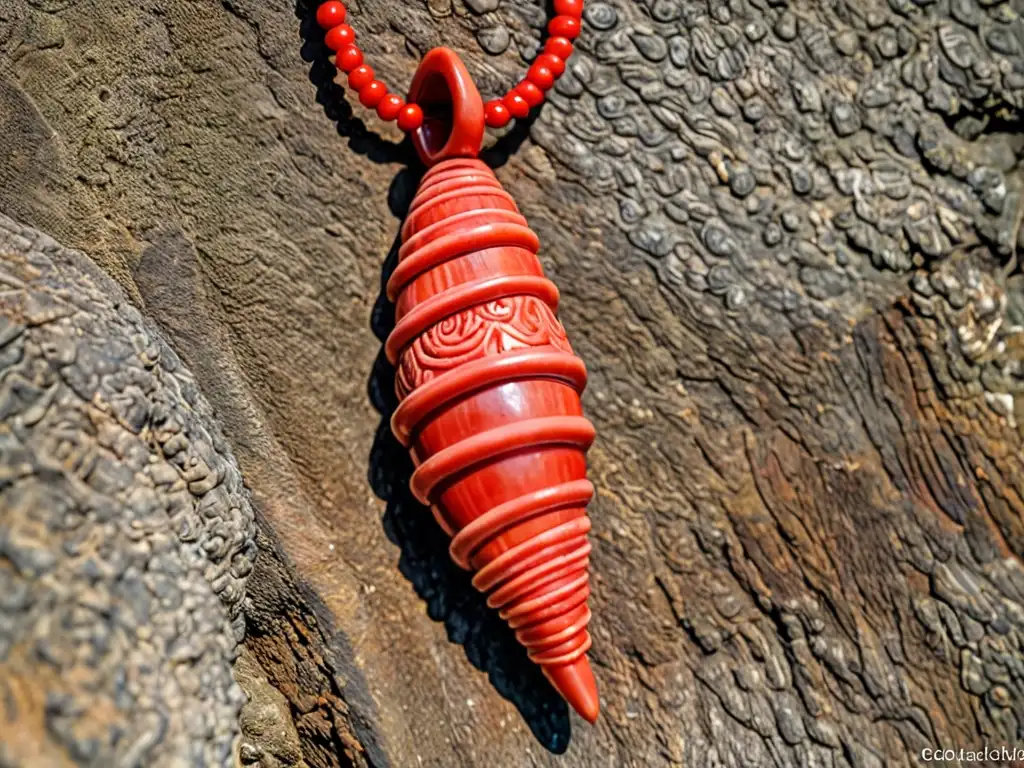 Detalle en alta resolución del Cornicello italiano de coral rojo, mostrando su artesanía y significado cultural