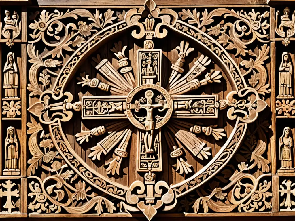 Detalle en alta resolución de la Cruz de Caravaca, mostrando símbolos religiosos e historia