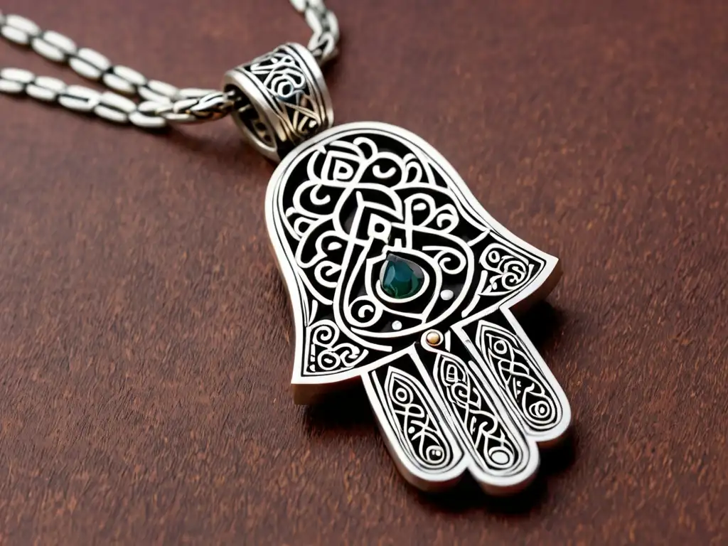 Detalle de amuleto protector Mano de Fátima en plata, con patrones islámicos y caligrafía
