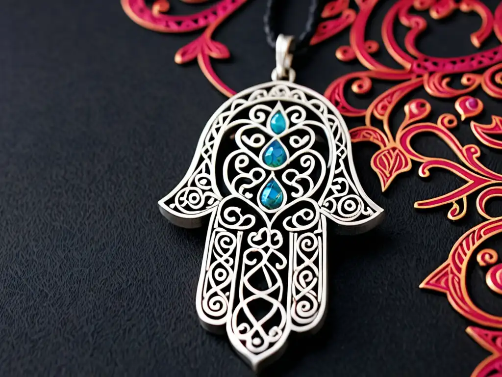 Detalle de amuleto protector Mano de Fátima plateado con intrincados grabados islámicos, en un entorno de significado cultural y simbolismo espiritual