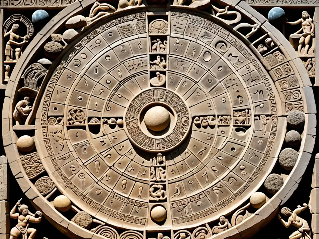 Calendario lunar antiguo: símbolos celestiales y rituales de fertilidad Detalle antiguo calendario lunar esculpido en piedra con simbolismo lunar, rituales de fertilidad y actividades agrícolas