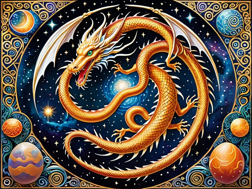 Detalle de antiguo mural con dragón celestial, serpiente enroscada alrededor de huevo cósmico