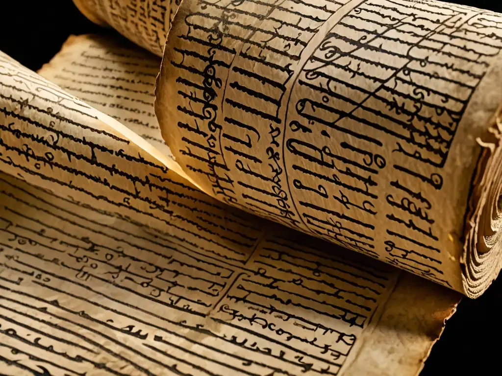 Detalle de antiguo pergamino con simbolismo apocalíptico en mitos, misteriosamente iluminado