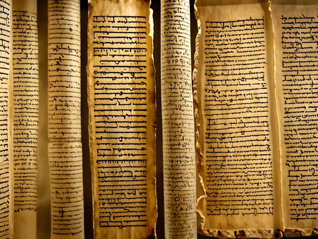 Detalle de los antiguos Manuscritos Qumrán revelando leyendas bíblicas en ambiente misterioso y reverente en museo
