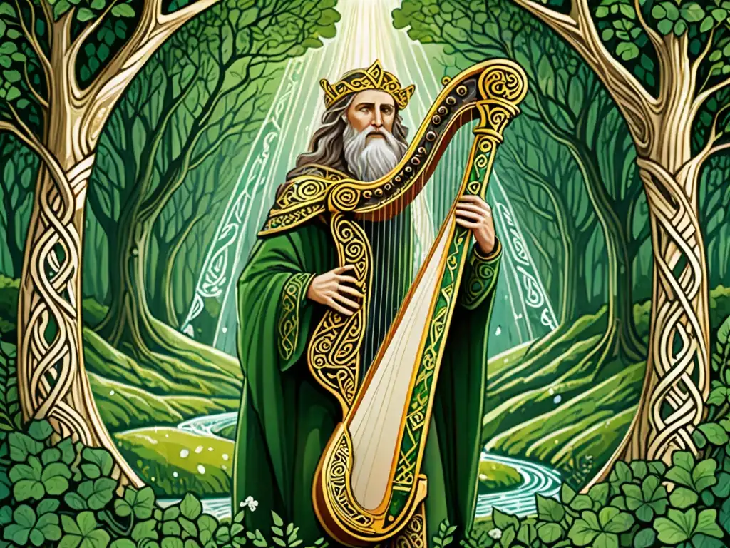 El Dios Dagda desata la magia celta Detalle ilustración de Dagda, dios irlandés del arpa, en paisaje verde con elementos naturales