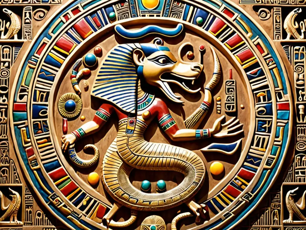 Detalle asombroso de Apep en el panteón egipcio, enfrentando a Ra en una lucha eterna entre luz y oscuridad