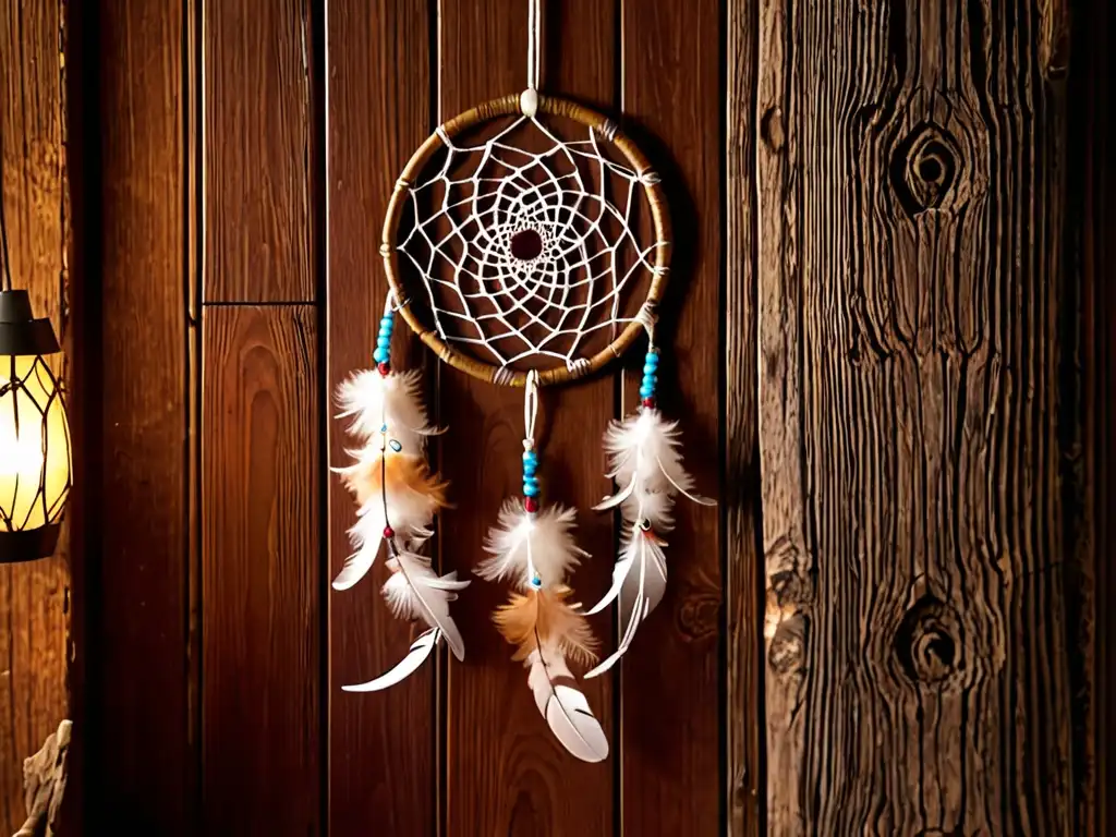 Detalle de un atrapasueños tradicional colgando en un interior rústico, evocando su origen y significado cultural
