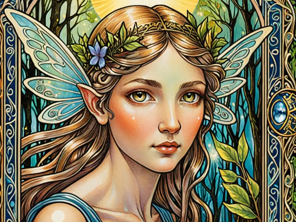 Detalle de una carta del tarot con hada, energía vibrante y simbolismo intrincado en un bosque místico