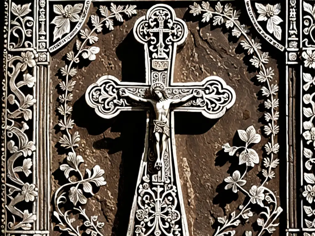Detalle envejecido de la Cruz de Caravaca, iluminado por la suave luz natural, revelando su simbolismo y artesanía