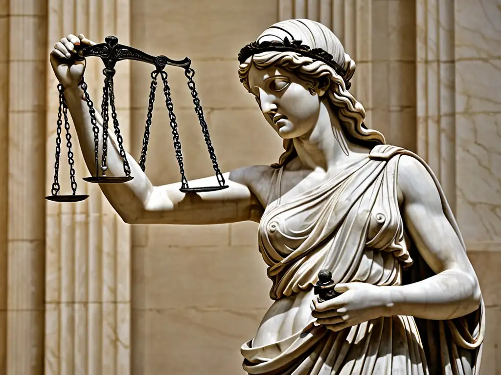Escultura de Themis: Justicia y equidad en mármol Detalle de escultura griega de la diosa Themis, simbolizando justicia y equidad