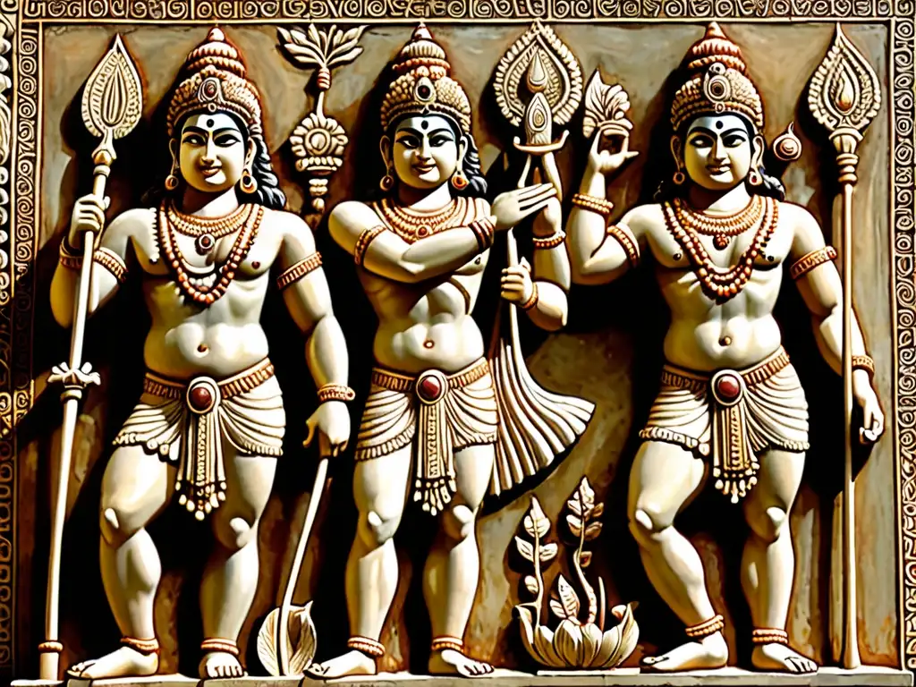 Detalle de escultura de Krishna y Hércules, salvadores divinos en culturas distintas, resaltando sus similitudes y diferencias en atuendo y gestos