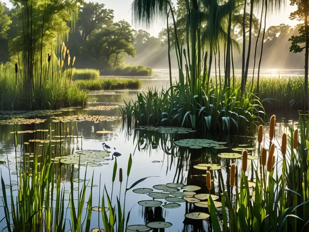 Detalle de un exuberante humedal con una diversidad de vida vegetal y aves en vuelo