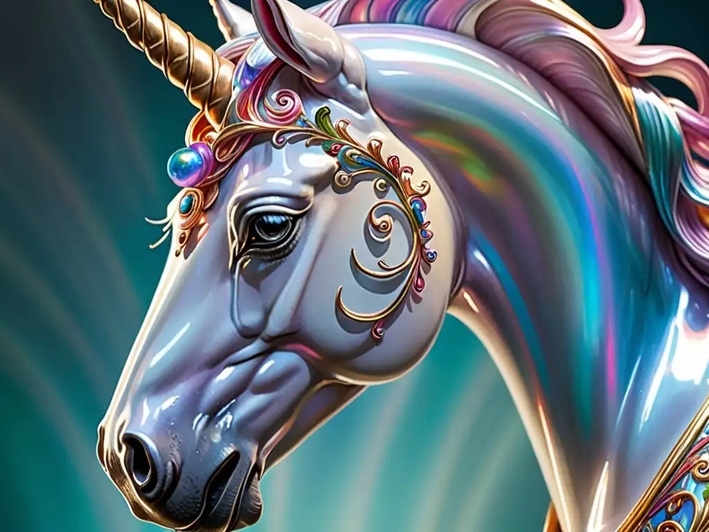 Detalle fascinante del cuerno de unicornio, con patrón espiral y brillo perlado