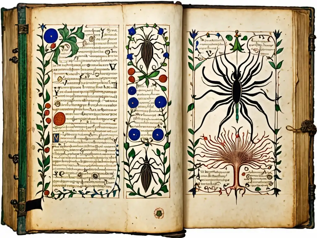 Detalle fascinante del Manuscrito Voynich: un libro de hechizos antiguo, con ilustraciones enigmáticas y texto misterioso en pergamino envejecido, evocando intriga académica y significado histórico