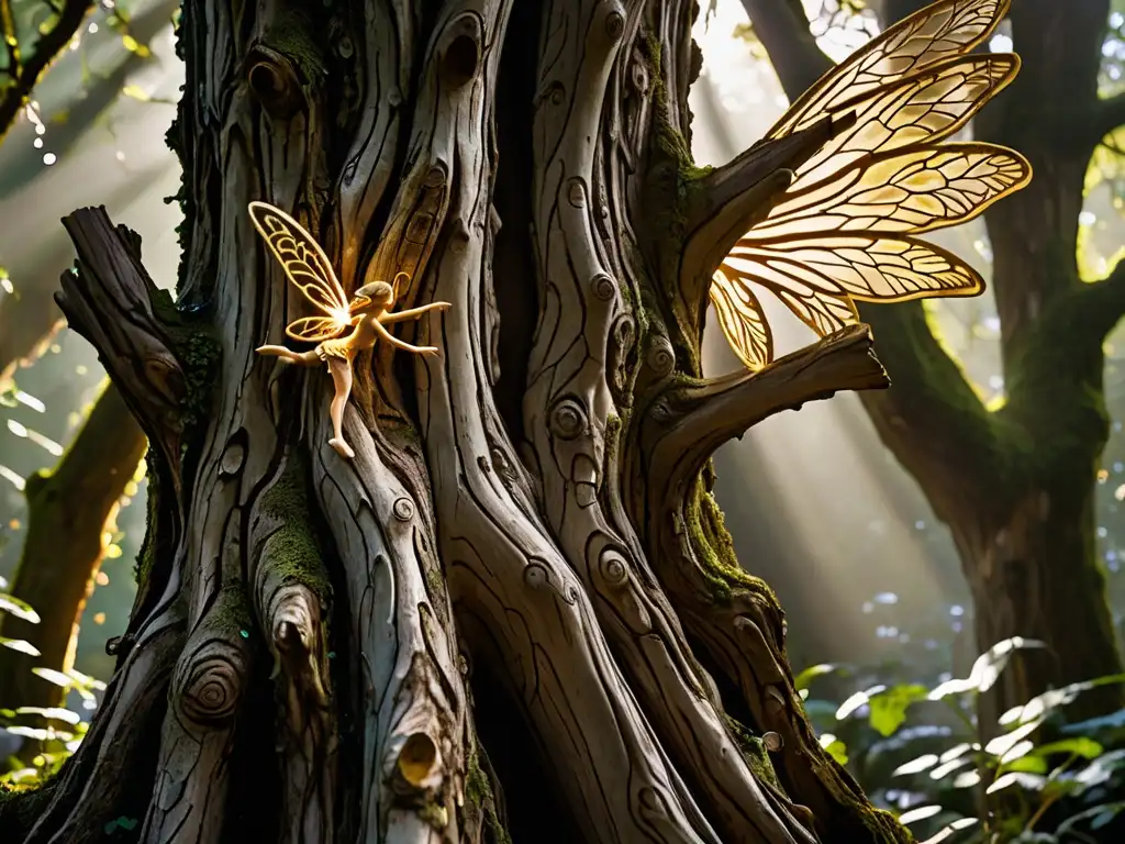 Detalle fascinante de un tronco de árbol antiguo con hadas luminosas, evocando el misterio de las Origen hadas deidades menores