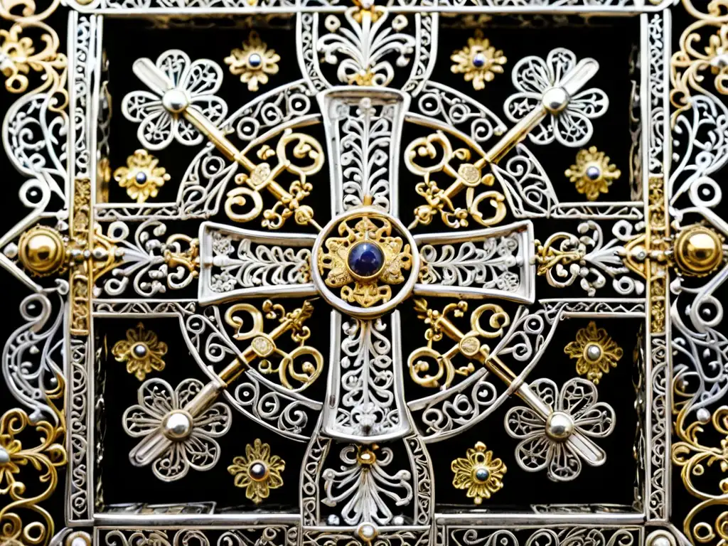 Detalle de la fina filigrana de la Cruz de Caravaca, resaltando su significado y origen religioso e histórico
