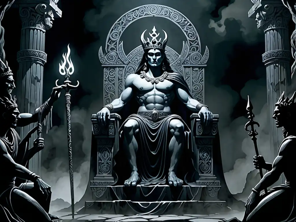 Detalle ilustrado de Hades, el señor del inframundo griego, junto a Yama, señor del inframundo hindú, en un escenario misterioso