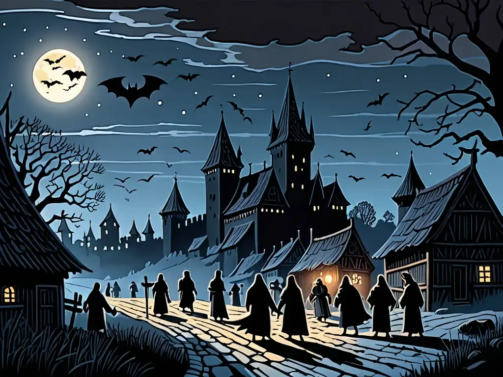 Detalle ilustrado de un pueblo eslavo medieval de noche, con figuras misteriosas y un castillo tenebroso al fondo
