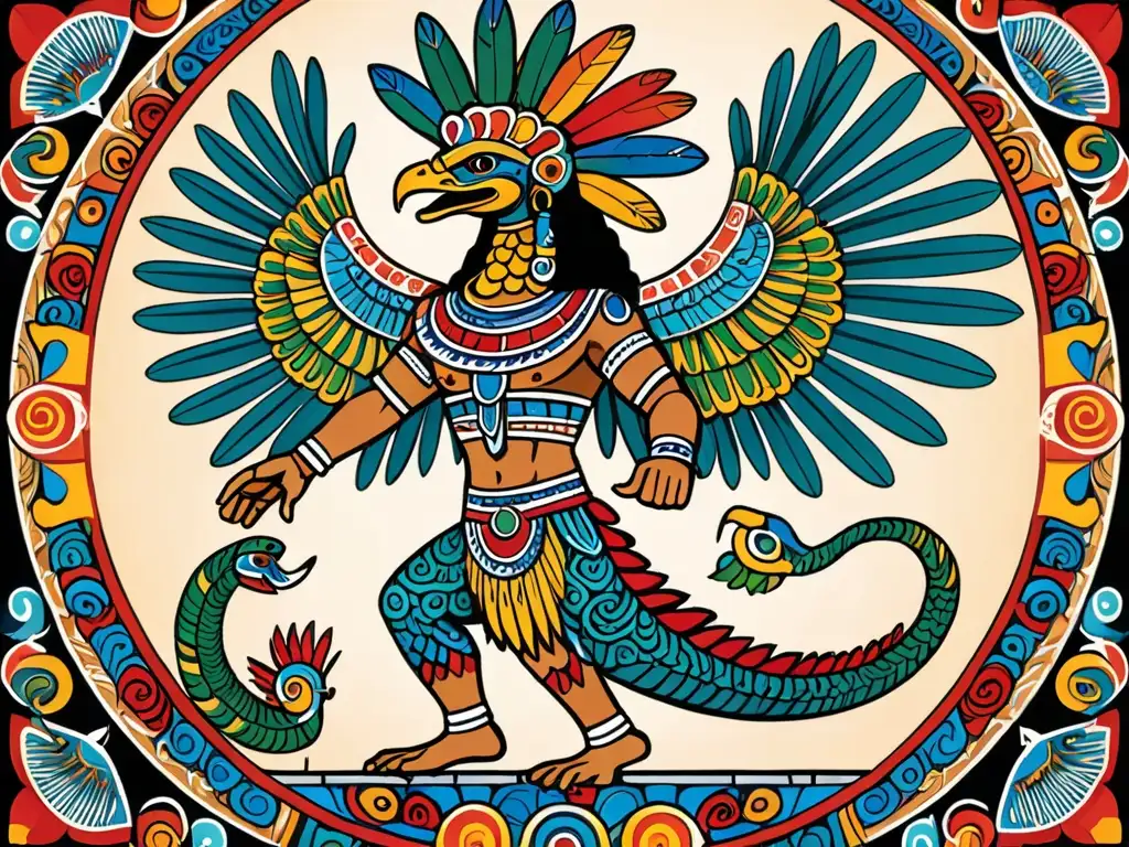 Detalle ilustrado de Quetzalcóatl, la serpiente emplumada de la mitología mesoamericana, con plumas vibrantes y cuerpo de serpiente adornado, exudando poder y sabiduría