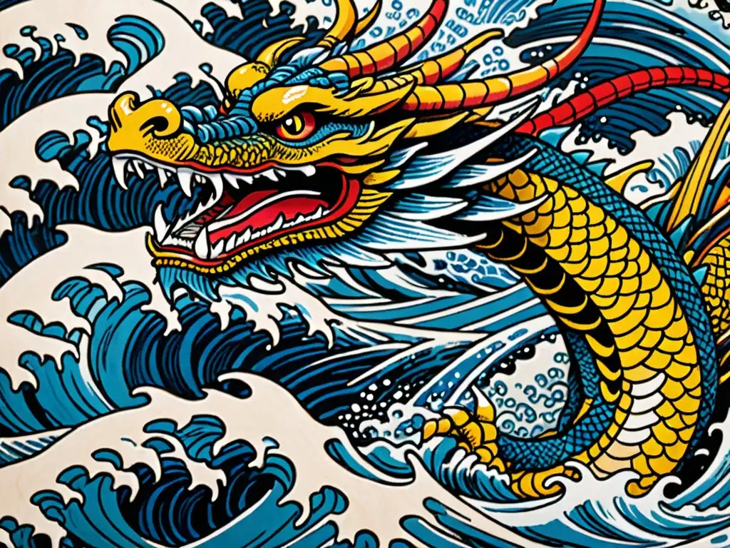 Detalle impactante de grabado japonés con dragón emergiendo del mar, evocando deidades acuáticas y dragones japoneses