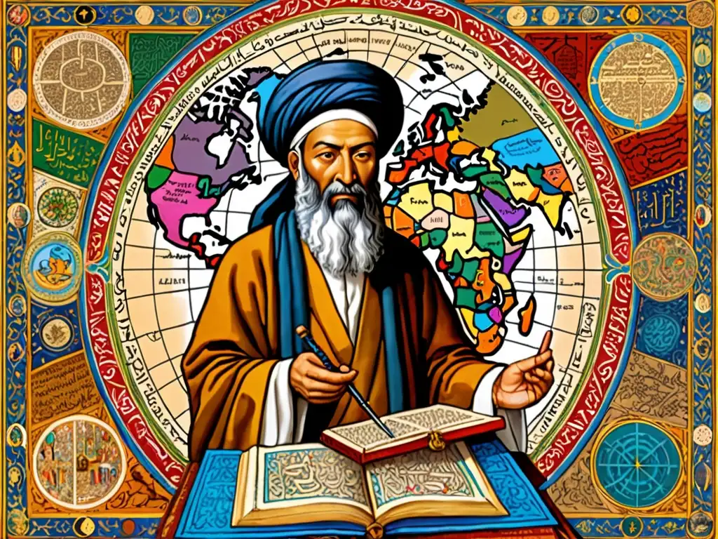 Detalle impresionante: Avicena rodeado de textos e instrumentos médicos persas, con un mapa global de influencia de la medicina persa