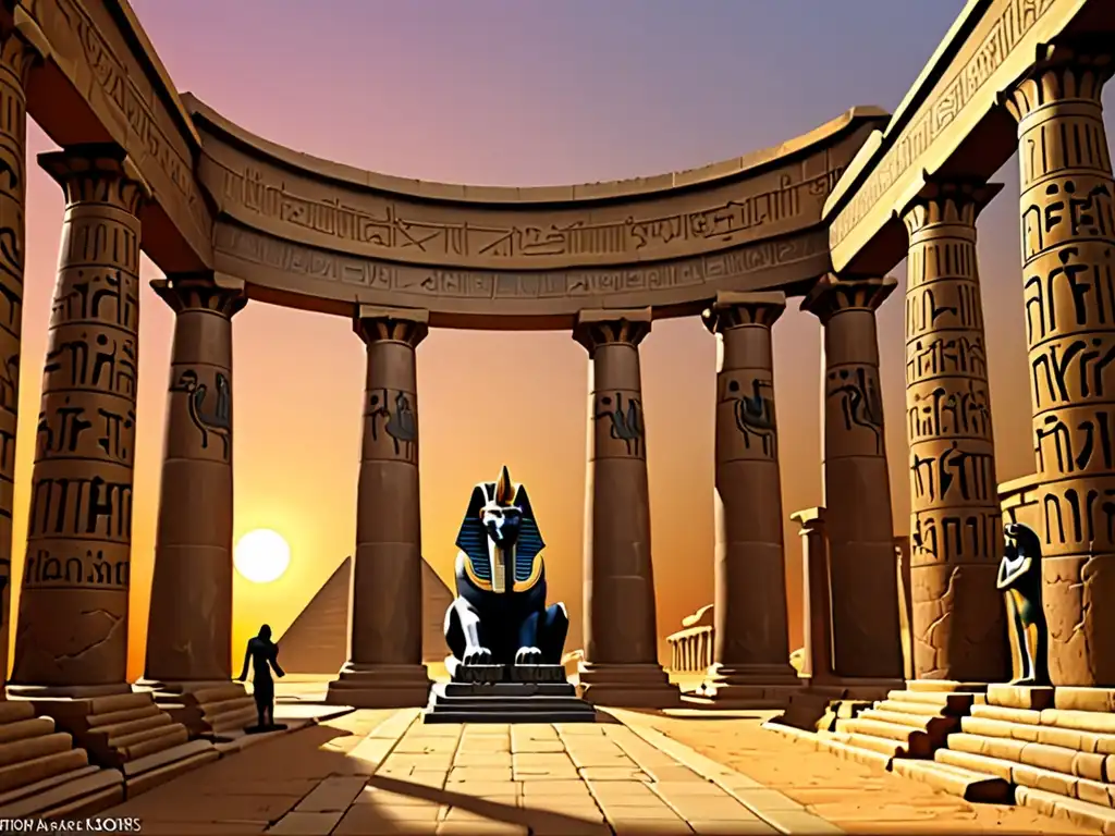 Detalle de la impresionante Panteón de Deidades del Antiguo Egipto en 'Age of Mythology', con majestuosas estatuas y obeliscos, bañados por la cálida luz del atardecer