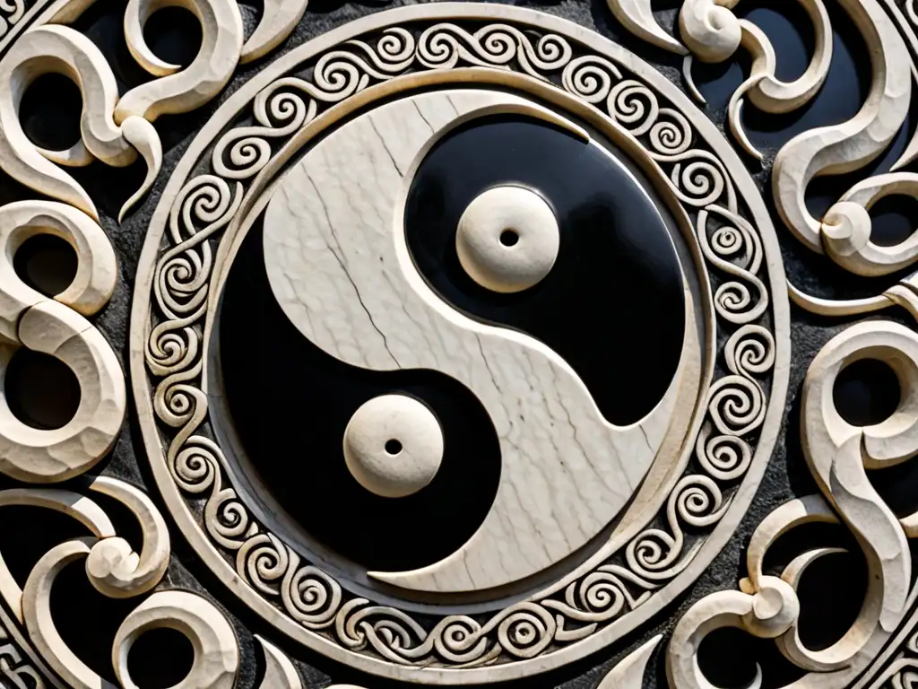 Detalle intrincado de un símbolo yinyang esculpido en piedra, mostrando la dualidad y equilibrio de mitos de creación zoroástricos y taoístas