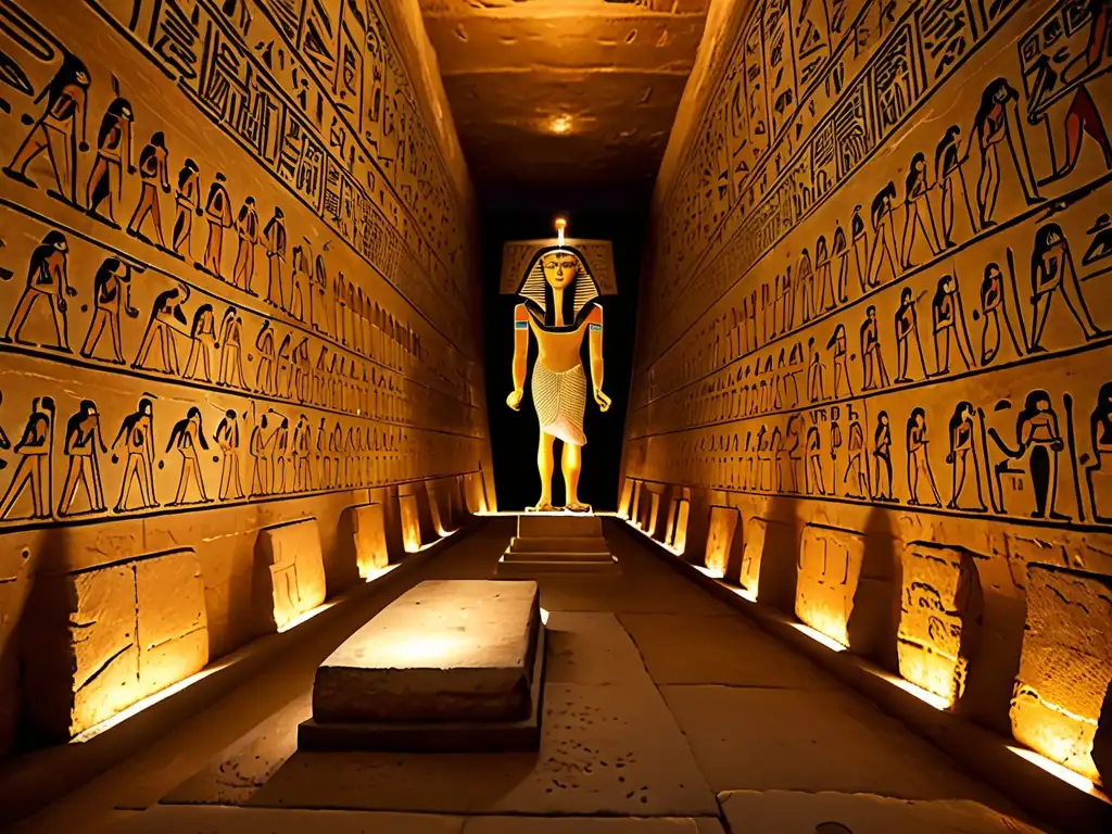 Detalle de la intrincada decoración y jeroglíficos en el interior del Panteón de Deidades del Antiguo Egipto, con una atmósfera misteriosa y grandiosa