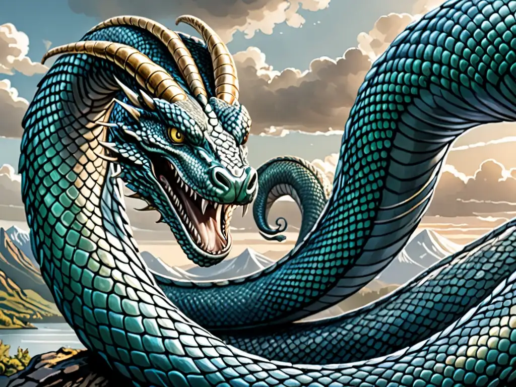 Detalle de Jormungandr, la serpiente de la mitología nórdica, enroscada alrededor de Midgard con sus escamas brillando al sol, ojos llenos de sabiduría y peligro