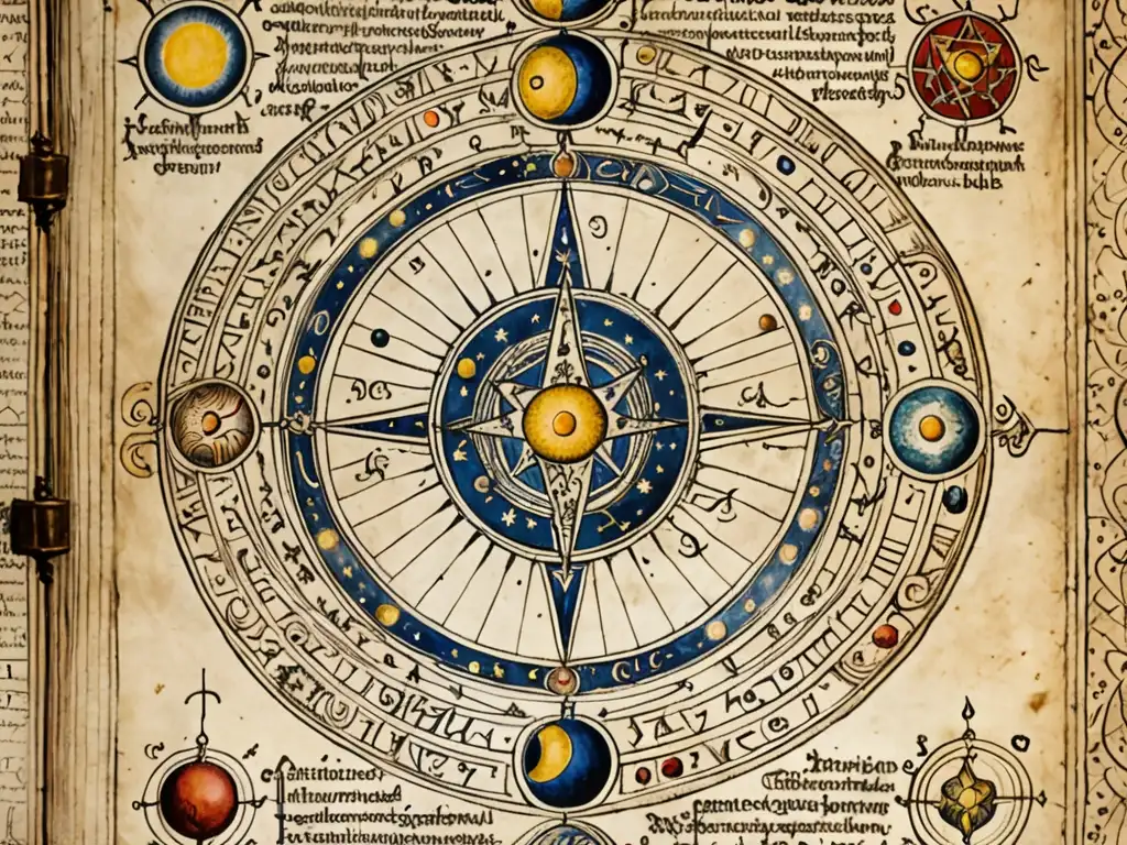 Detalle de manuscrito alquímico antiguo con ilustraciones celestiales y símbolos alquímicos, buscando la Piedra Filosofal