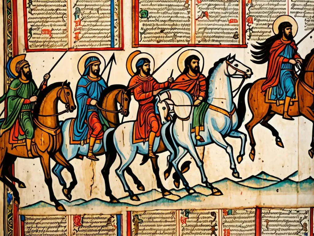 Detalle de manuscrito antiguo con simbolismo apocalíptico en mitos: ilustraciones de los cuatro jinetes del apocalipsis en papel envejecido