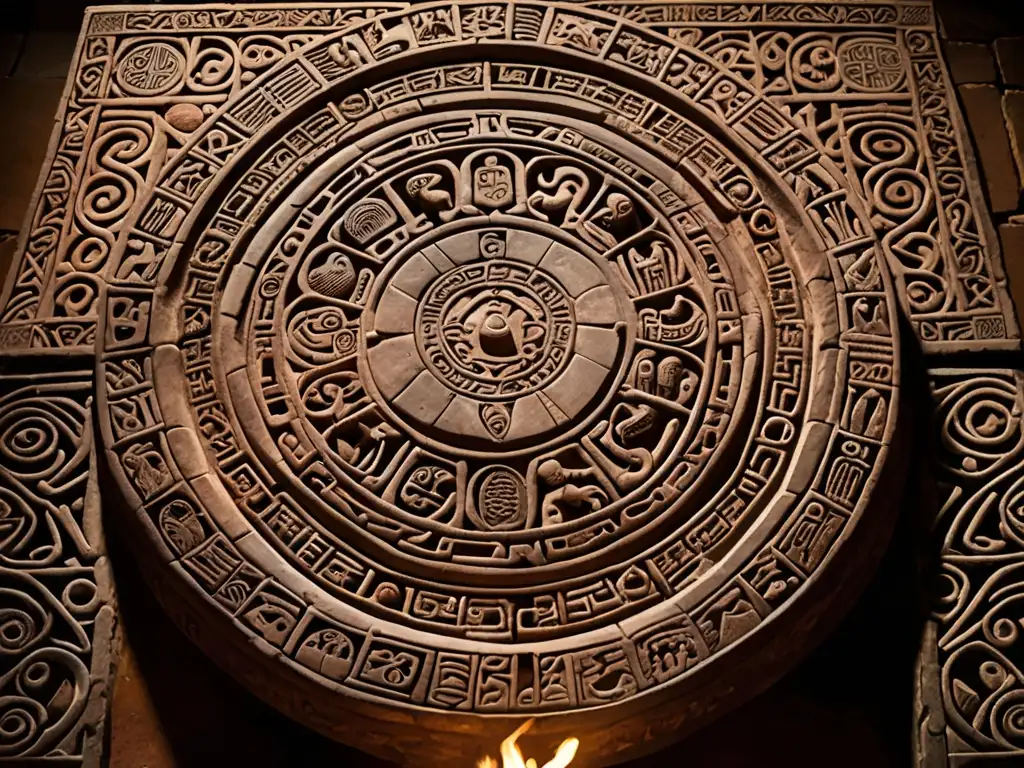 Detalle de la Mesa de Salomón, artefacto mágico, en una cámara misteriosa con antorchas