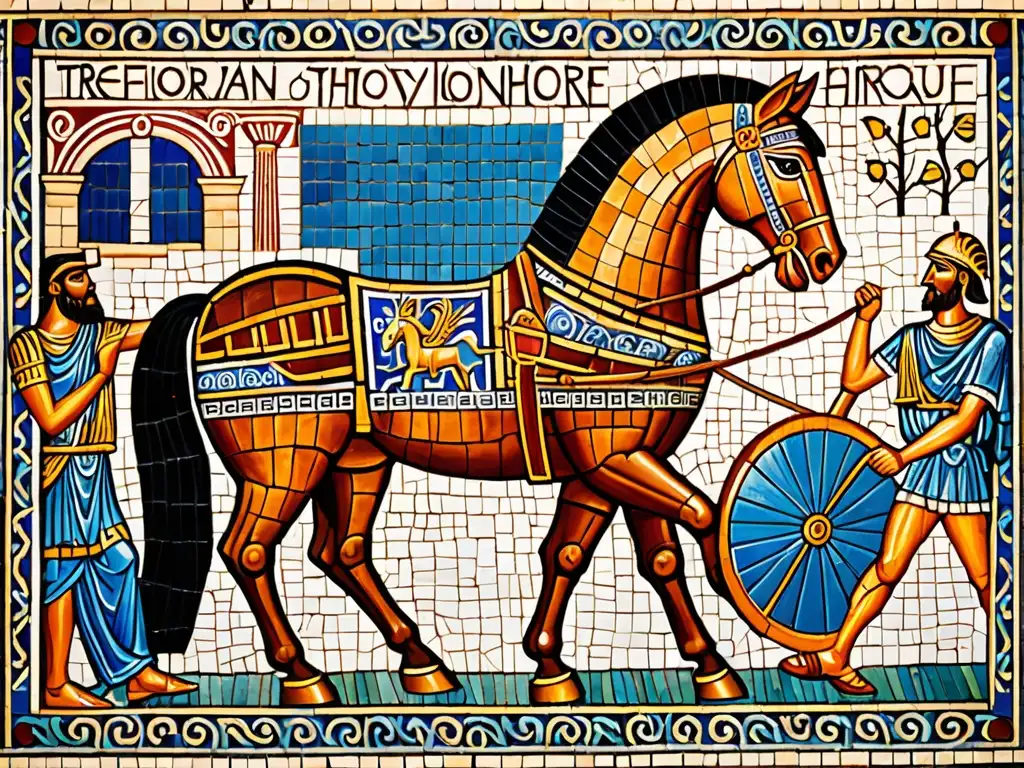 Detalle de un mosaico griego antiguo que representa el caballo de Troya, estrategia y engaño en la guerra mitológica