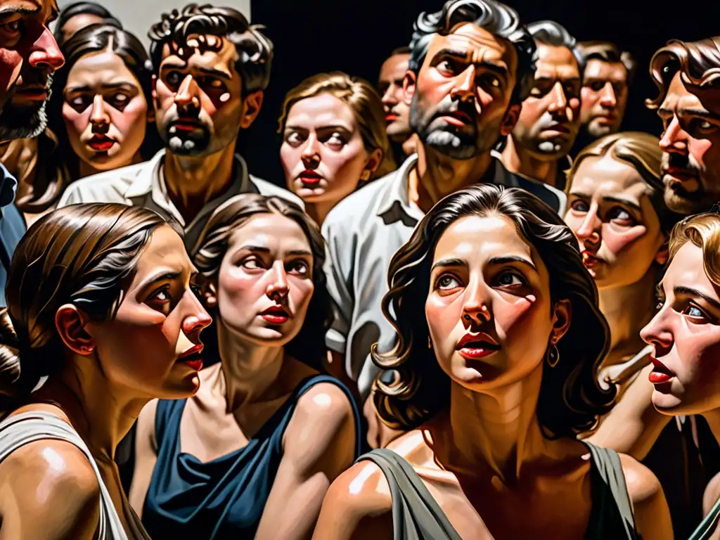 Detalle de multitud en exposición de arte moderno, interactuando con reinterpretación de mitos clásicos en pintura impactante