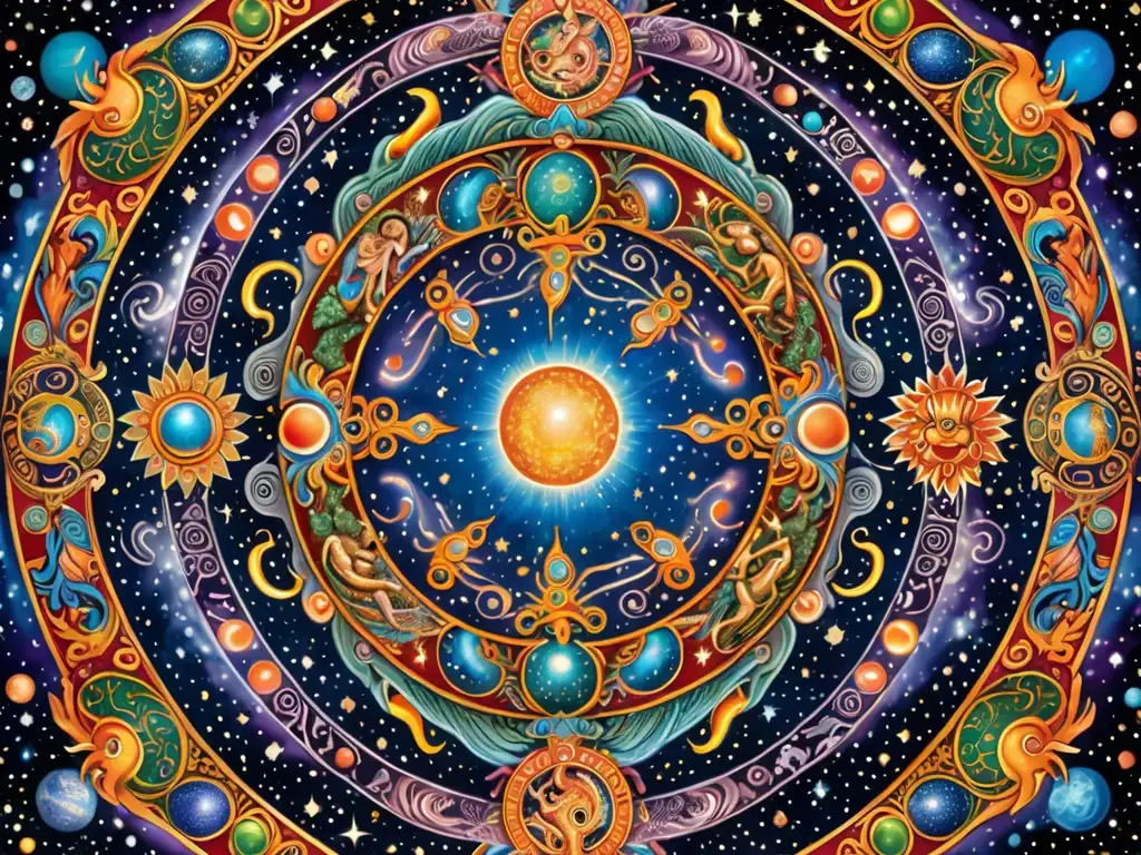 Detalle de un mural mitológico hindú y chino: el huevo cósmico rodeado de galaxias, dioses y diosas, en colores vibrantes