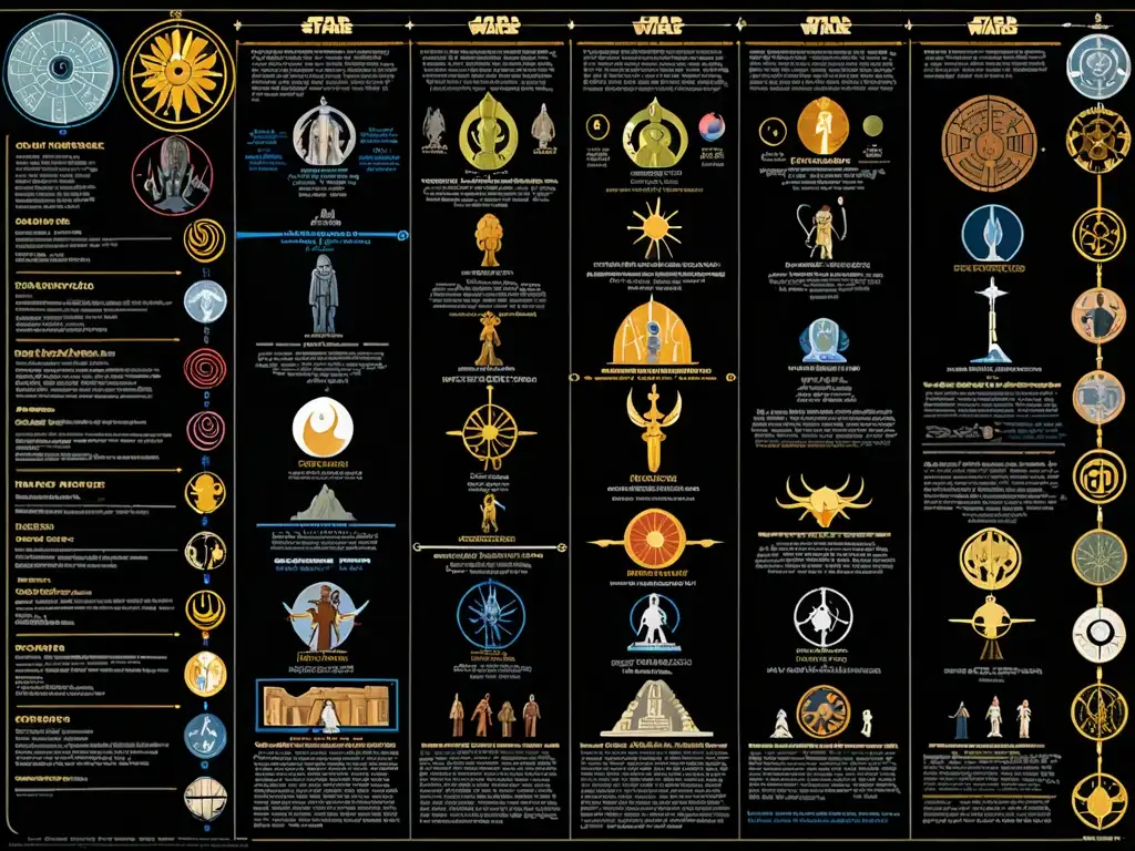Detalle de paralelismos entre Star Wars y mitología en complejo gráfico comparativo ilustrado