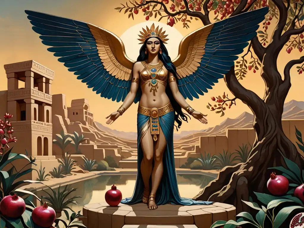 Detalle de Inanna y Perséfone en el inframundo, exudando misticismo y riqueza simbólica de los descensos al inframundo mitológicos
