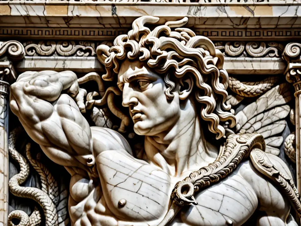 Detalle en mármol de Perseo con la cabeza de Medusa, evocando el mito de Perseo en la arquitectura griega