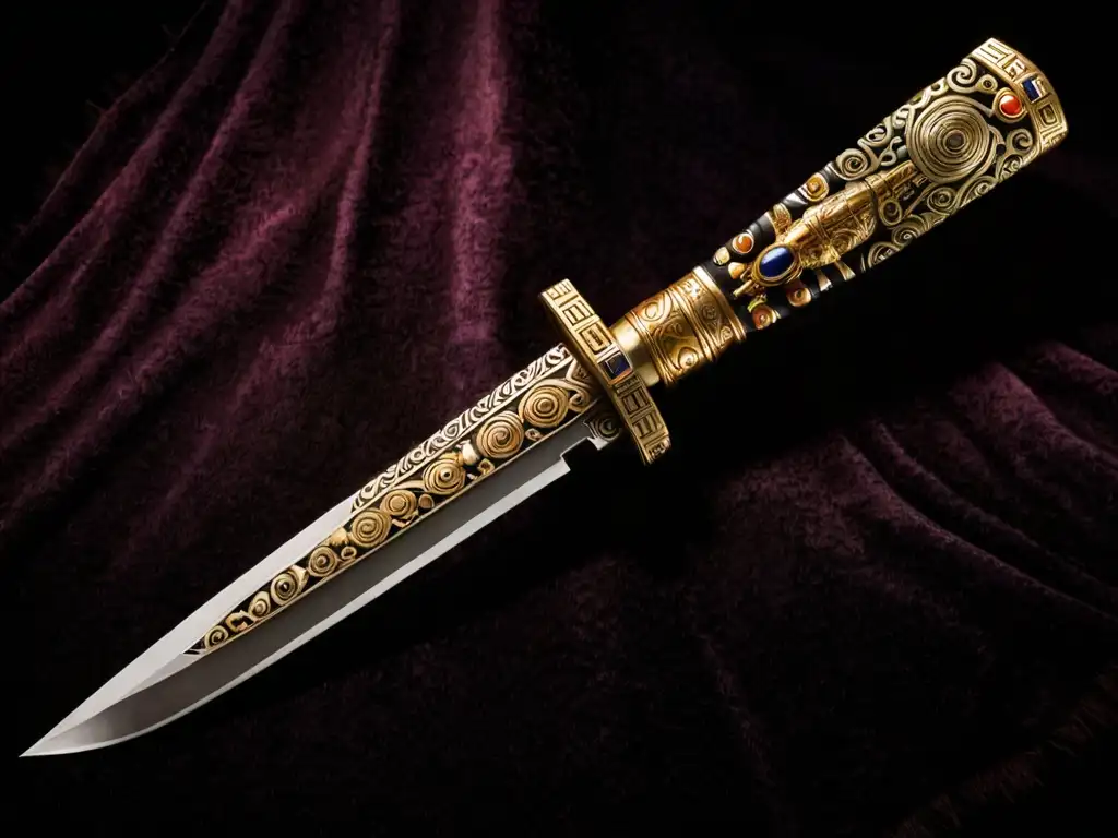 Detalle del poder ceremonial del cuchillo Inca, con intrincados grabados en oro y plata, sobre fondo de terciopelo oscuro